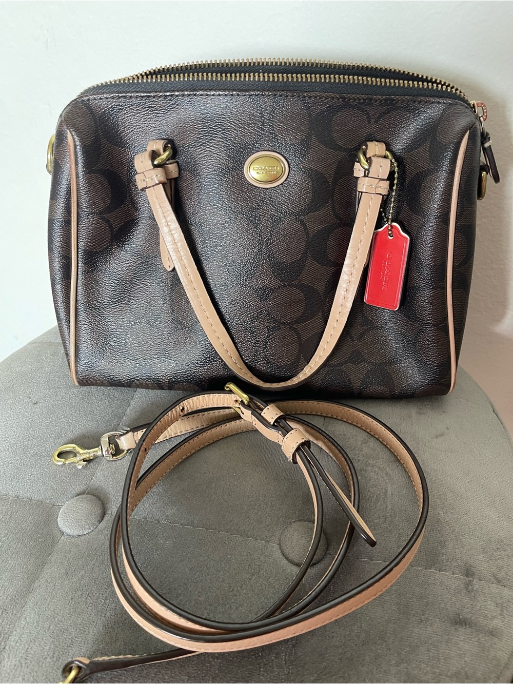 Coach Brown Signature Satchel with Beige Trim and Red Tag
